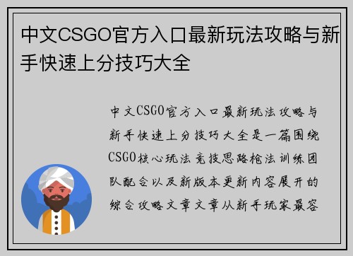 中文CSGO官方入口最新玩法攻略与新手快速上分技巧大全 中文CSGO官方入口最新玩法攻略与新手快速上分技巧大全