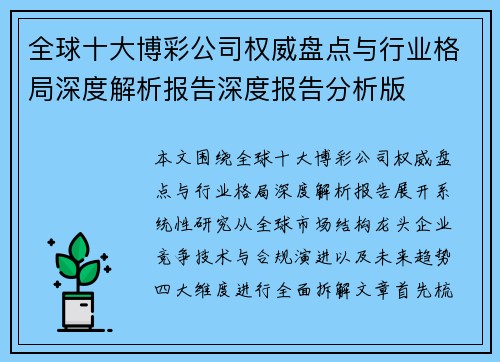 全球十大博彩公司权威盘点与行业格局深度解析报告深度报告分析版